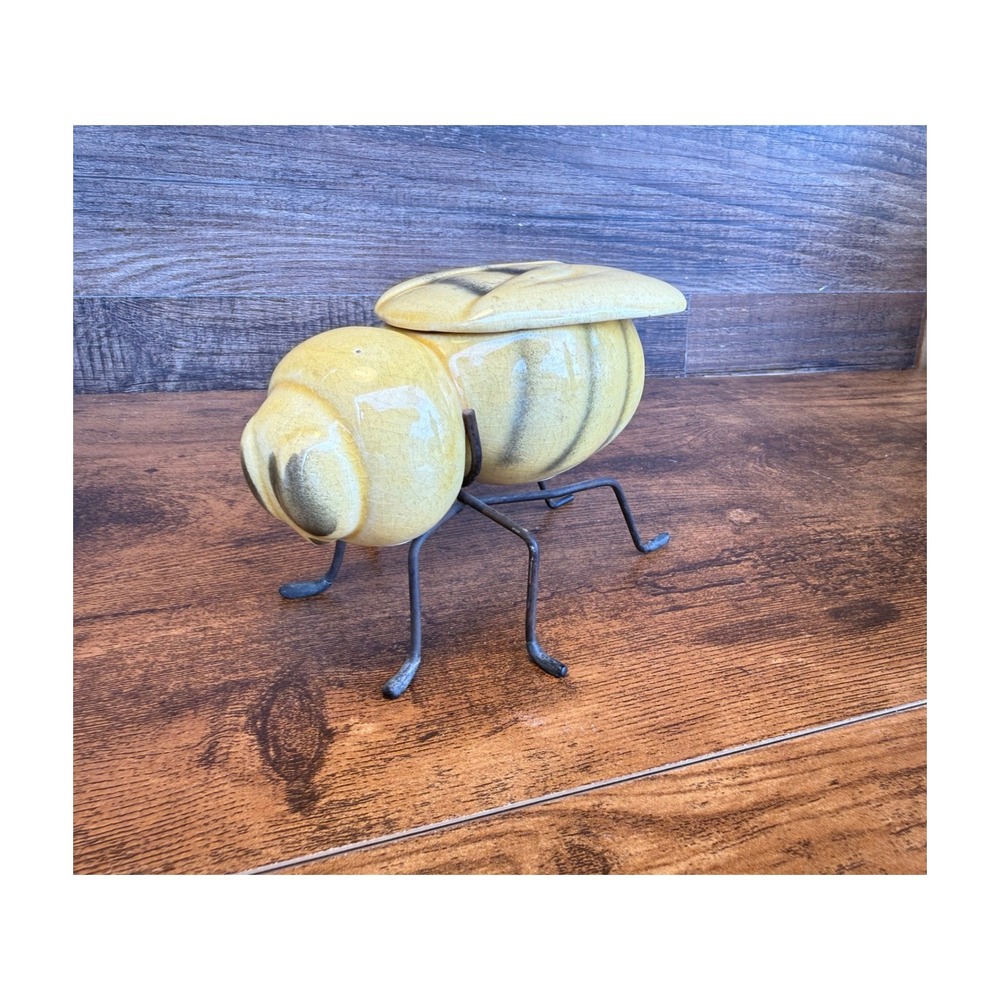 Vintage 1950s Bumblebee Honey Pot Jar Lid Metal Wire Legs MCM Yellow Ceramic